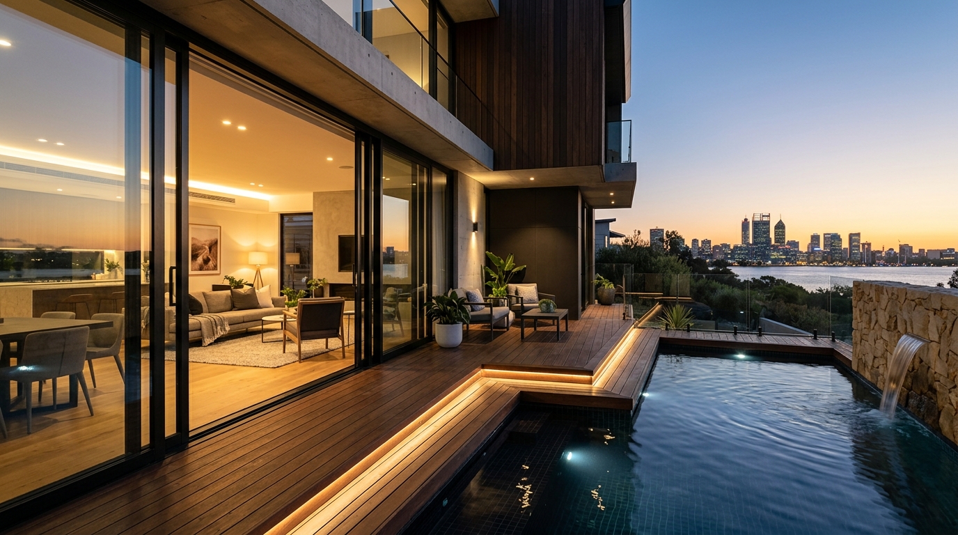 German-engineered Lift and Slide Aluminium Glass Doors overlooking Perth river